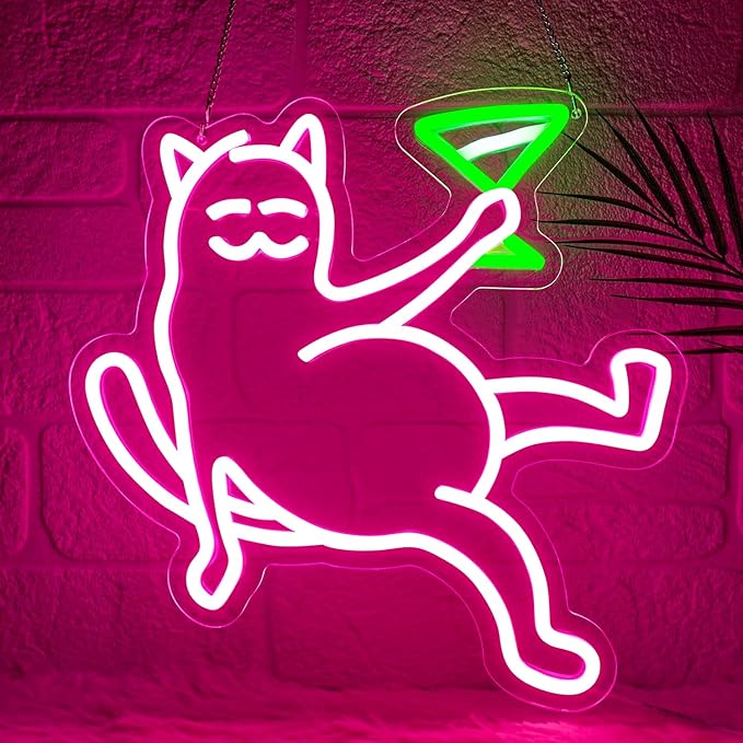 Cat Neon Sign for Wall Decor, Cat Holding Cocktail Neon Lights for Bedroom by YourVibeYourNeon