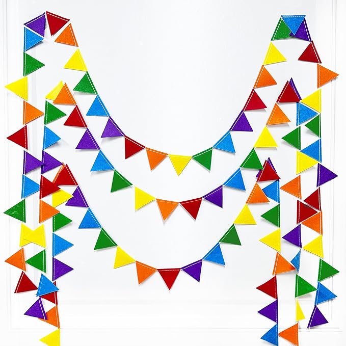 pinkblume Rainbow Party Decorations Colorful Felt Hanging Triangle Mini Bunting - Image 5