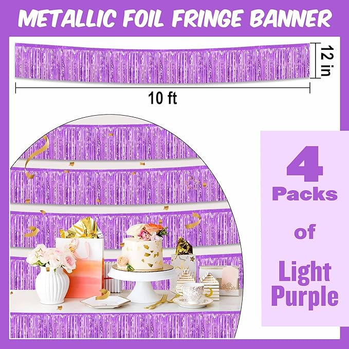 4 Pack 10 Ft Light Purple Foil Fringe Garland Metallic Streamers Tinsel Banner - Image 2