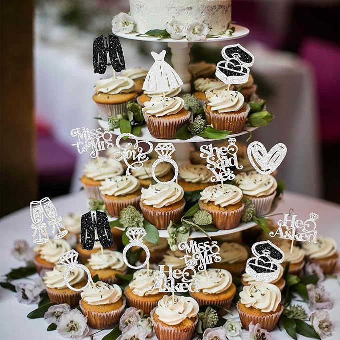 Gyufise 30Pcs She Said Yes Cupcake Toppers Glitter Diamond Ring I Do Love - Image 7