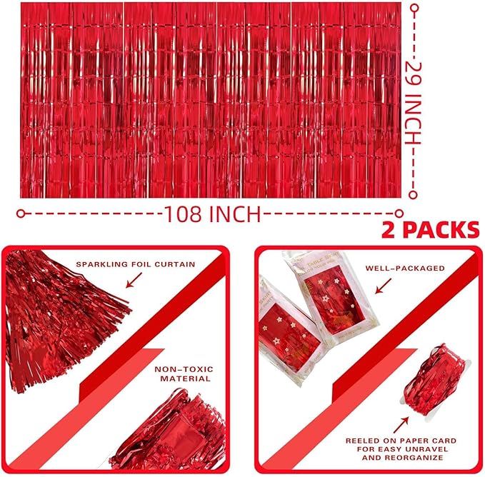 Red Streamers Party Decorations, 2 Packs Red Table Skirts Metallic Foil Fringe - Image 2