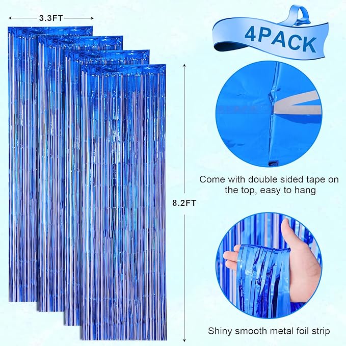 4 Pack Blue Foil Fringe Backdrop Curtains, Tinsel Streamers Birthday Party - Image 3