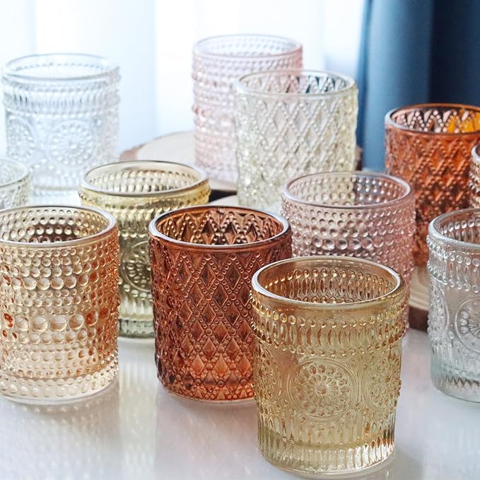 12 pcs Glass Votive Candle Holders, 6 Colors 3 Patterns Tealight Candle Holders - Image 3