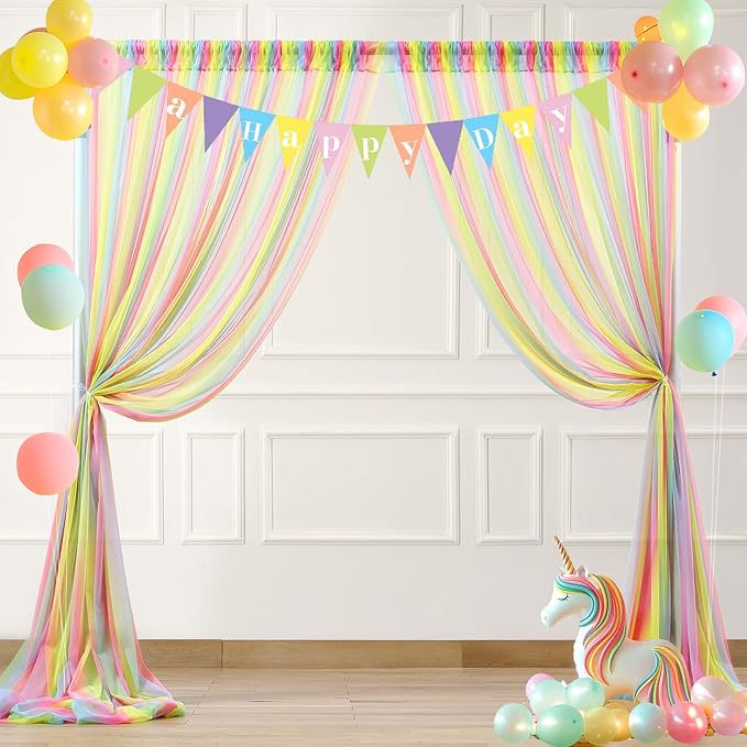Rainbow Tulle Backdrop Curtain for Birthday Party Decorations 10ft x 10ft Sheer - Image 3