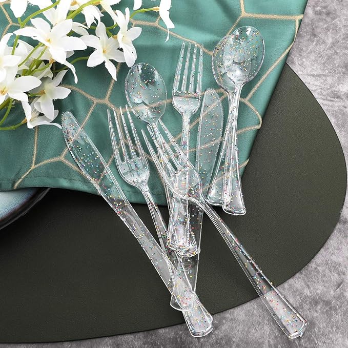 Supernal 360pcs Clear Plastic Silverware, Glitter Disposable Cutlery - Image 3
