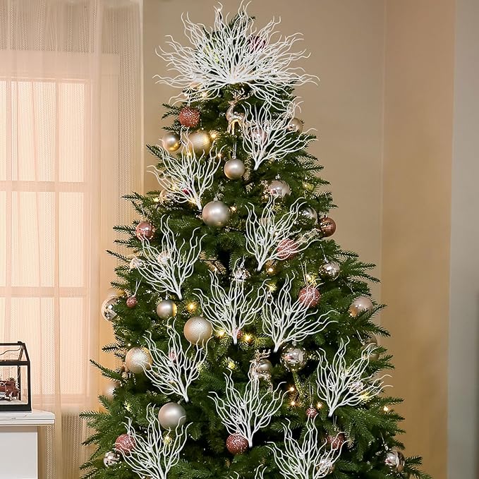 8 Pcs White Coastal Ornaments for Christmas Tree 15.7inch Glitter Coral Beach - Image 6