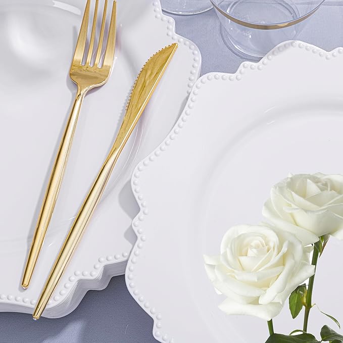 COLOSUS 350pcs White Plastic Plates Disposable Gold Cutlery Dinnerware set - Image 6
