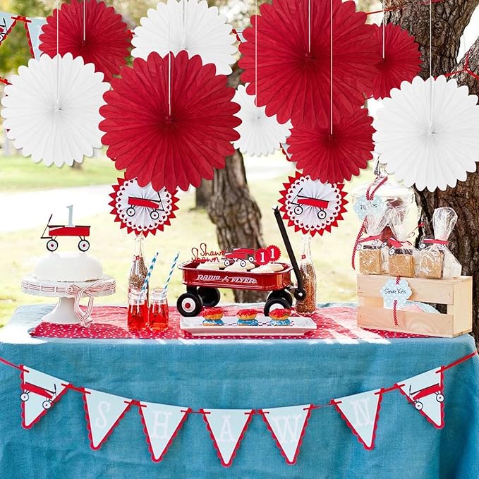 20 Pcs Red White Hanging Paper Fan, Round Paper Fans Decorations Set - Image 4