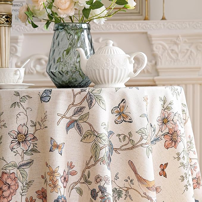 ISAENNE Designer French Light Beige Round Tablecloth, Linen Florals and Birds - Image 6