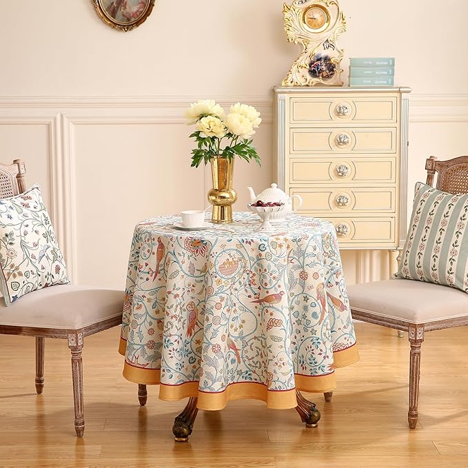 patdrea Designer Yellow French Round Tablecloth, Rustic Linen Floral Birds - Image 2
