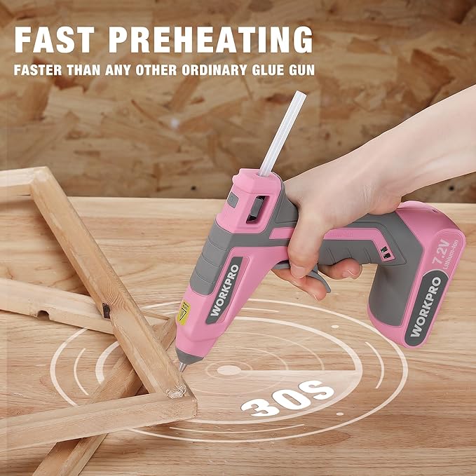 WORKPRO Pink Cordless Hot Melt Glue Gun, 7.2V Rechargeable Fast Preheating Glue - Image 3