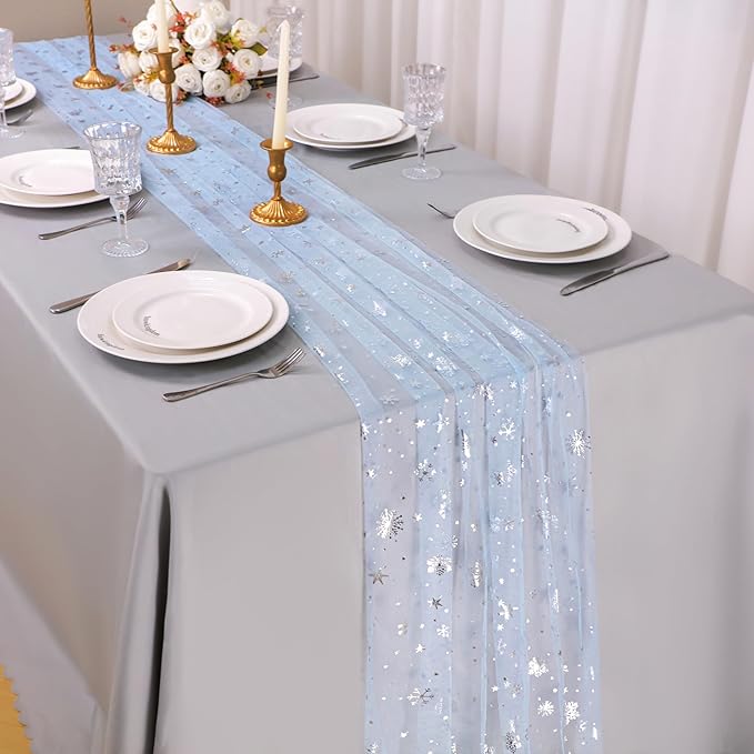 Snowkingdom Silver Snowflake Christmas Table Runner, 10ft Blue Cheesecloth - Image 5