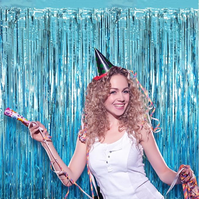 2 Pack Light Blue Tinsel Foil Fringe Curtains, Metallic Tinsel Party Streamers - Image 6