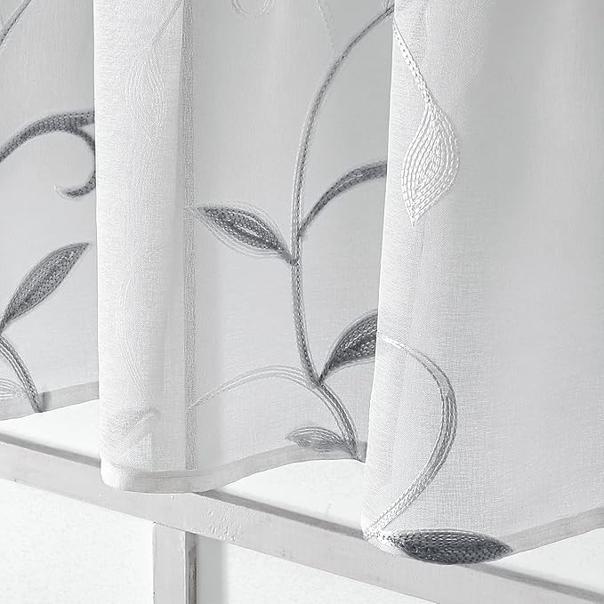 VISIONTEX White Sheer Voile Curtains, Decorative Leaves Embroidery Faux Linen - Image 4
