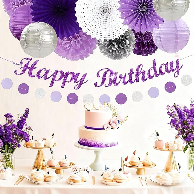 Purple and Silver Party Decorations-21PCS Happy Banner, Paper Lanterns Streamers - Image 3