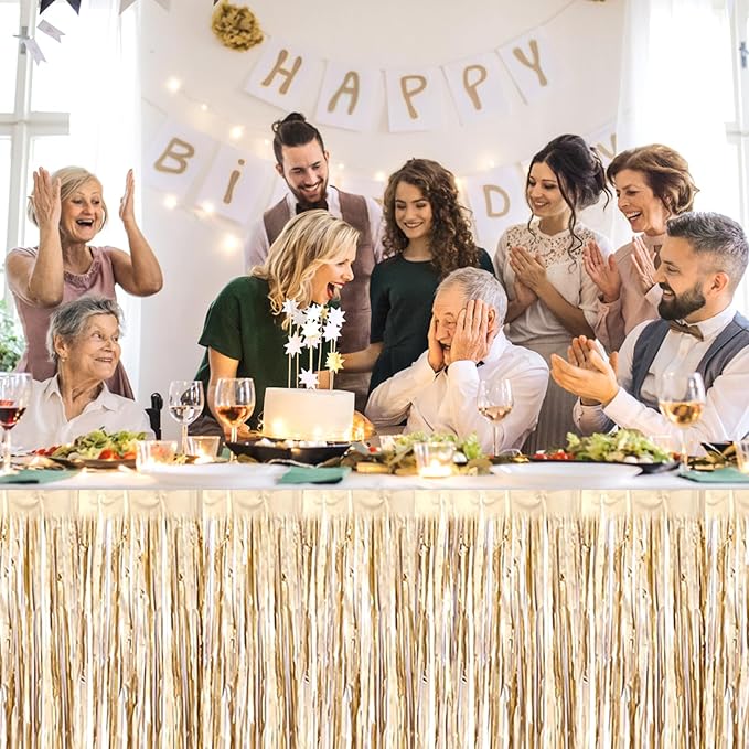 3 Pack 29 x108 Inch Champagne Gold Foil Fringe Table Skirts Metallic Banner - Image 5