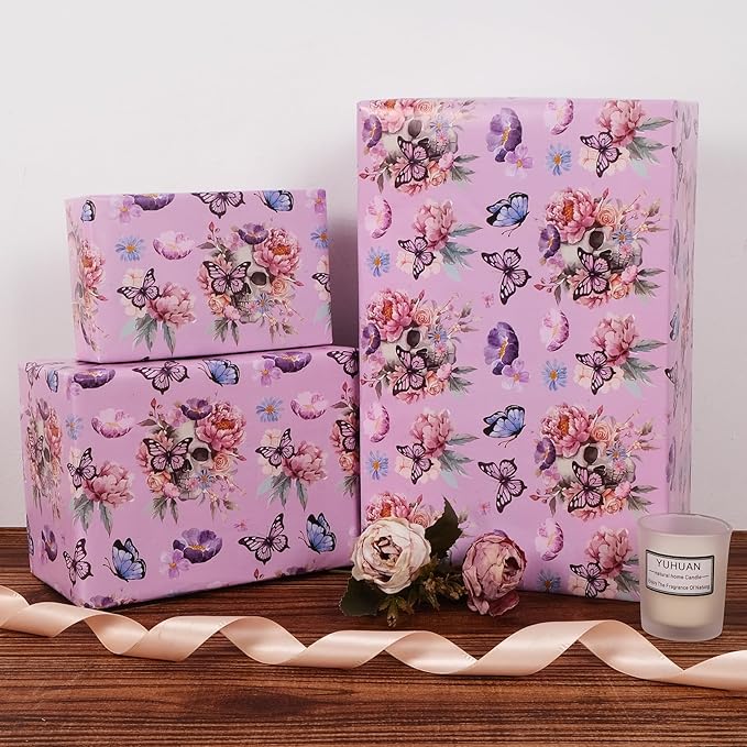 Aimyoo Gothic Wrapping Paper Roll, 17 Inch X 16.5 Feet Skull Floral Butterfly - Image 4
