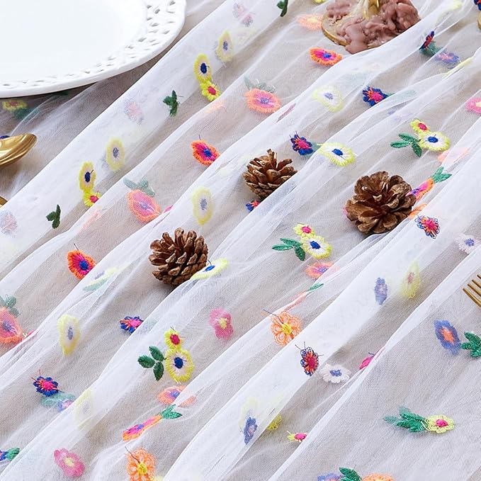JIALE 3 Pack Ivory Floral Table Runner, Embroidery Daisy Seasonal Table - Image 3