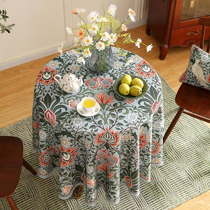 ISAENNE Designer Bohemian Linen Green Small Round Tablecloth, Floral Indoor - Image 3