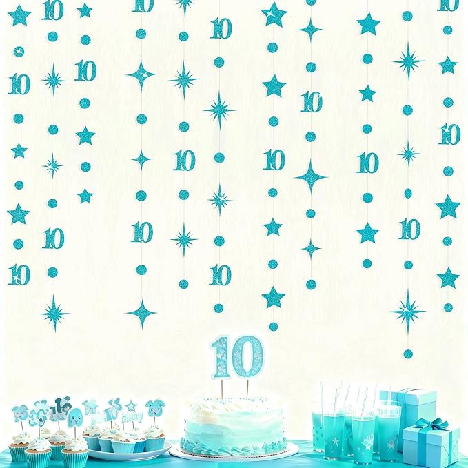Teal Blue 10th Birthday Decorations Number 10 Circle Dot Star Garland Glitter - Image 6