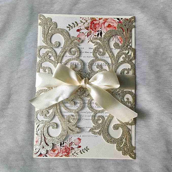 25PCS Champagne Gold Glitter Laser Cut Wedding Invitations Cards - Image 4