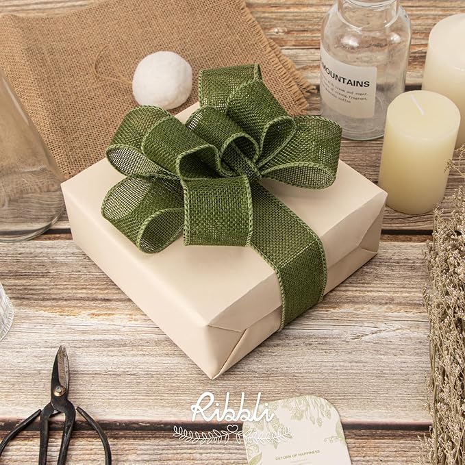 Ribbli Dark Moss Burlap Wired Ribbon, 1-1/2 Inch x 10 Yard, Wired Edge Ribbon - Image 2