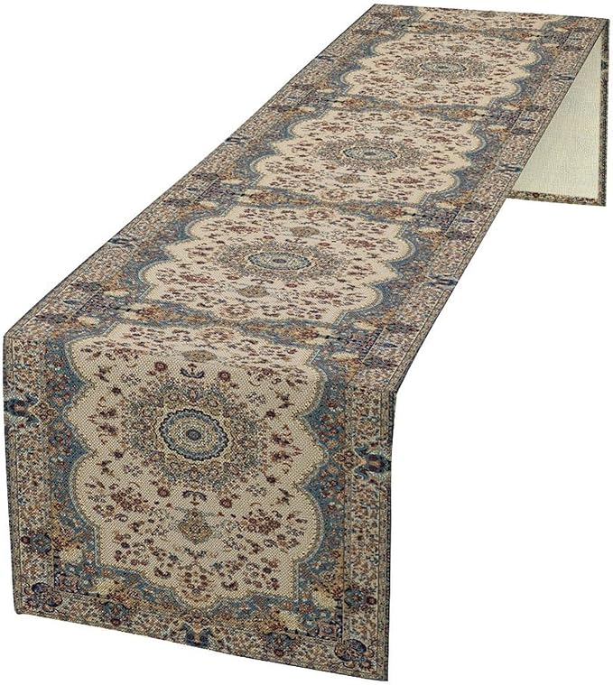 Boho Bohemia Style Table Runner, Vintage Blue Teal Gold Retro Flower Rustic by Unknown