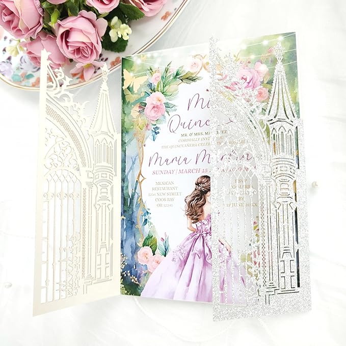 20PCS Laser Cut Wedding Invitations, Wedding Invitation Card Pocket, Quince - Image 5