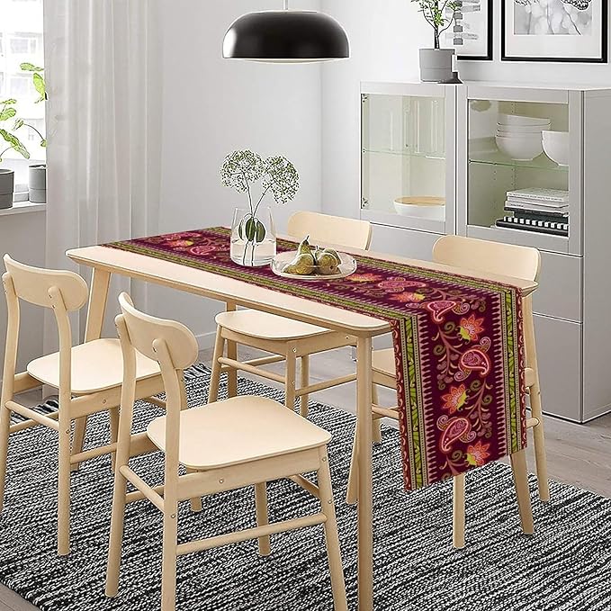Dark Red Paisley Table Runner, Vintage Boho Paisley Flowers Geometric Print - Image 3