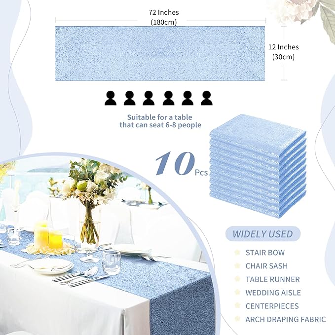 SoarDream Baby Blue Table Runner 10 Pieces 12x72 Inches Sequin Fabric Glitter - Image 3