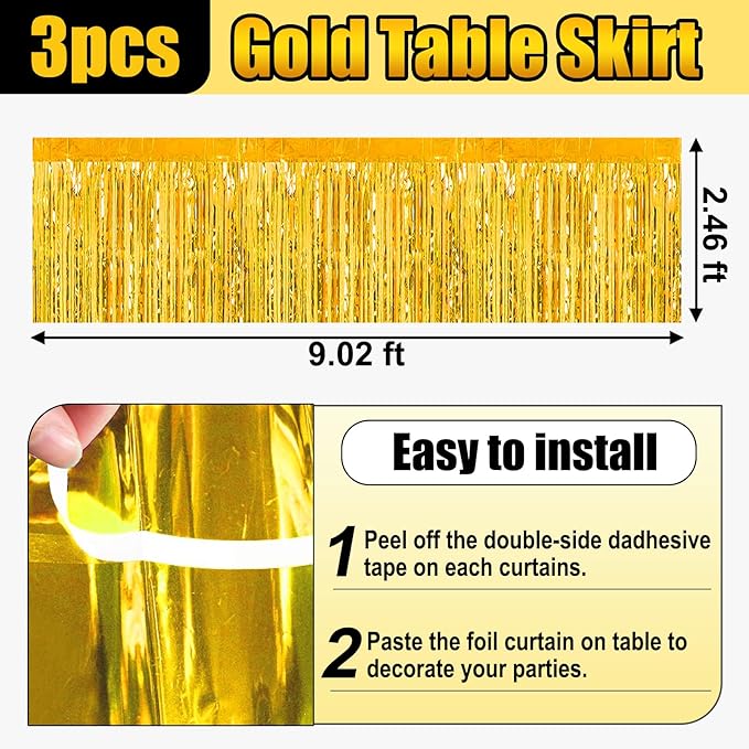 3 Pack 29x108 Inch Gold Foil Fringe Table Skirts Metallic Banner - Image 2
