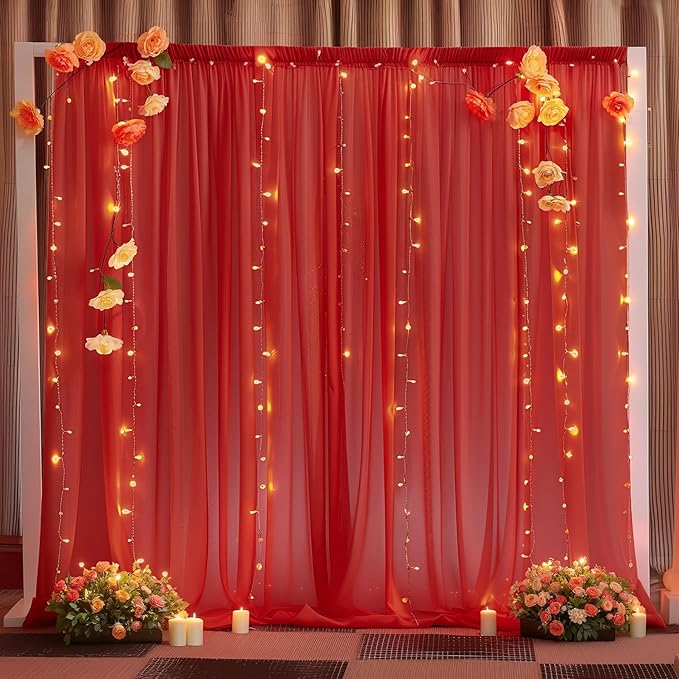10ft x 10ft Red Backdrop Curtain Drapes, Wrinkle-Free Sheer Chiffon Fabric - Image 6