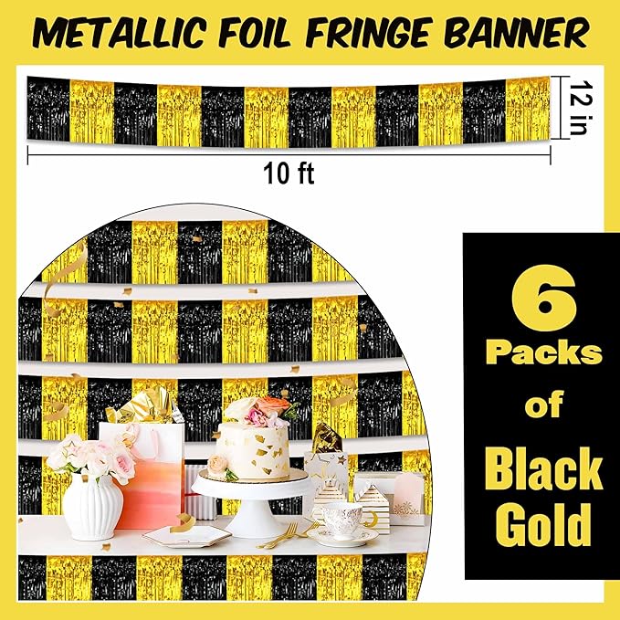 6 Pack 10 Ft Black and Gold Foil Fringe Garland Metallic Streamers Tinsel - Image 2