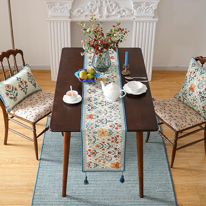 ISAENNE Designer Bohemian Elegant Linen Table Runner 87 Inches Long, Colorful - Image 8