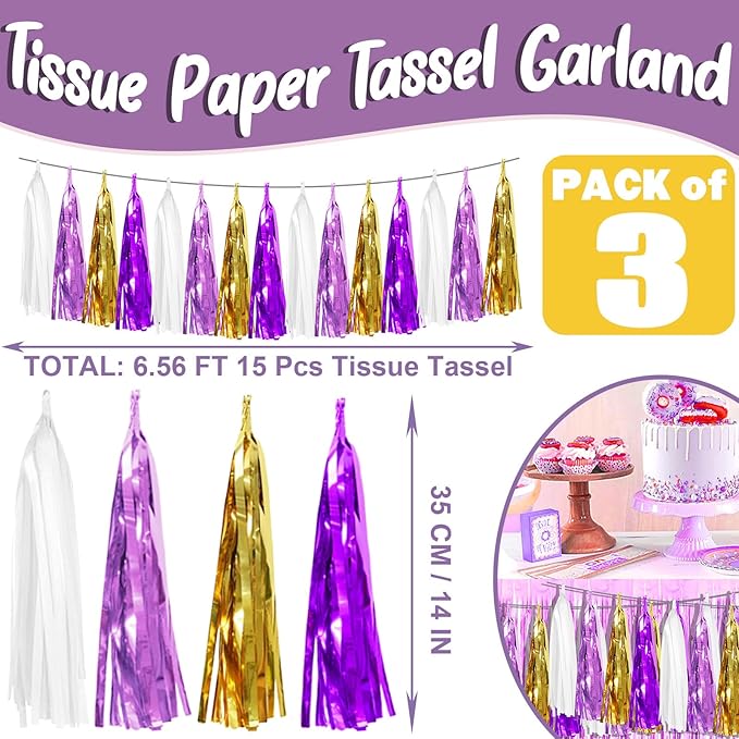 3P Purple-Gold Party Decoration Tassel Garland, Tassels Banner Streamers - Image 2