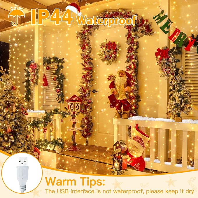 Ollny Silver Copper Wire Fairy Lights Curtain 200 LED 6.6x6.6ft, USB Warm White - Image 5