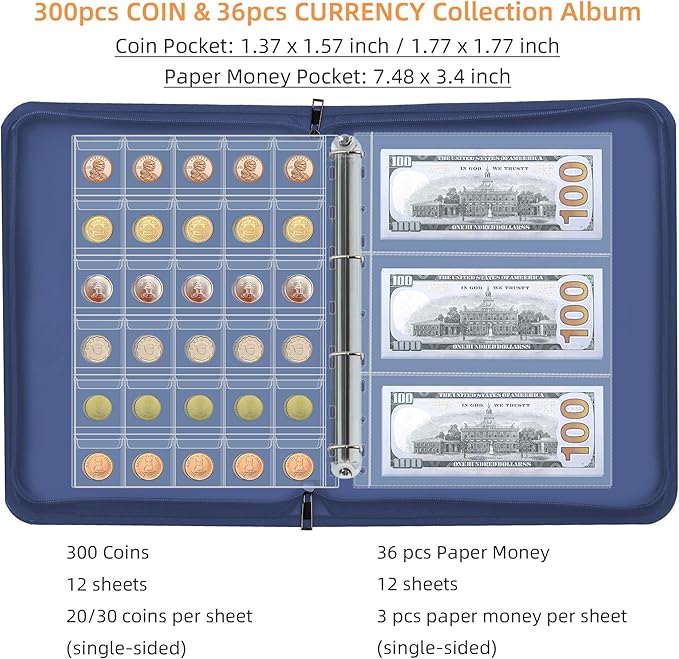 Coin Collection Book Holder for Collectors, 300 Pockets Fireproof Coins - Image 3