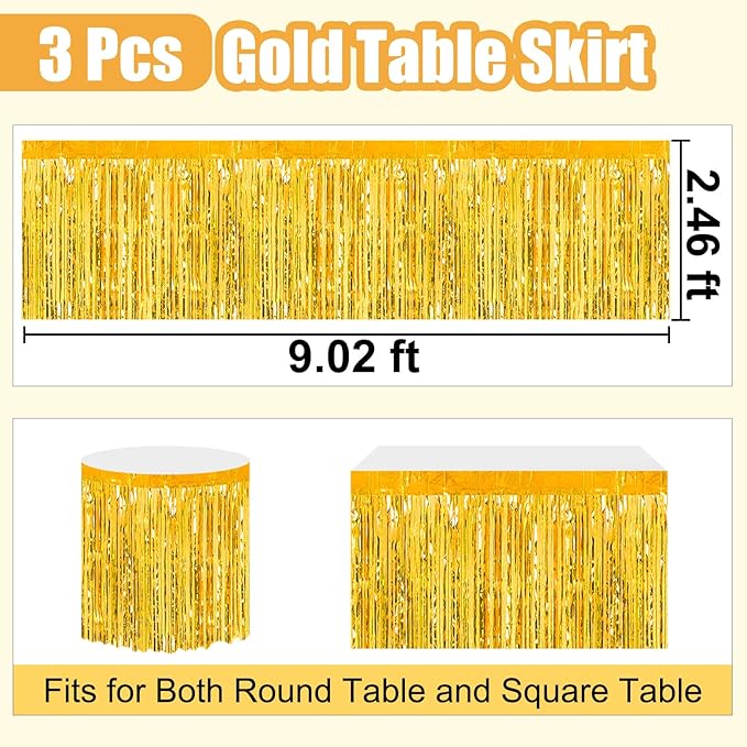3 Pack 29 x108 Inch Gold Foil Fringe Table Skirts Metallic Banner - Image 2