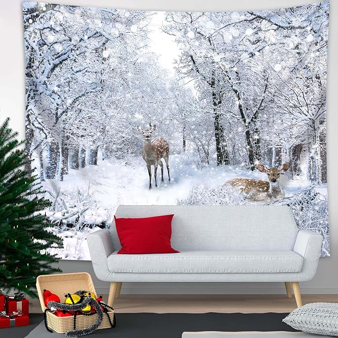 QGHOT Winter Tapestry Wall Hanging, Snow Scene Backdrop Winter Wonderland Wall - Image 4