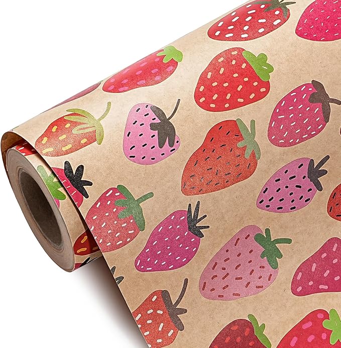 WRAPAHOLIC Kraft Strawberry Wrapping Paper Roll by WRAPAHOLIC