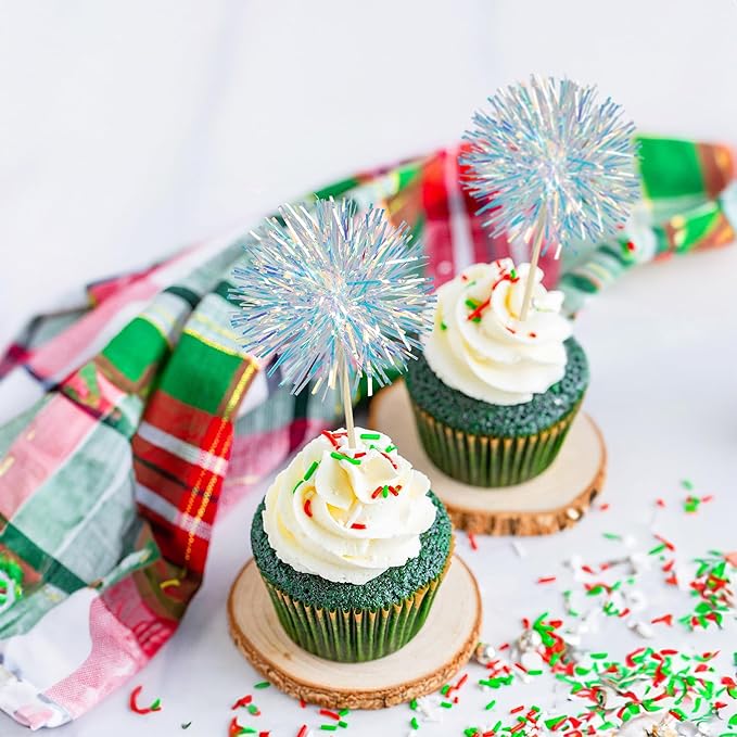 Ephlyn 30Pcs Foil Firework Cupcake Toppers Sparkle Tinsel Cupcake Picks Drink - Image 4