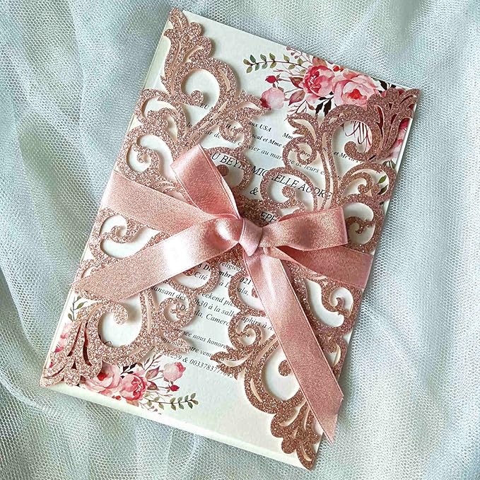 25PCS Rose Gold Laser Cut Wedding Invitations Cards - Image 2