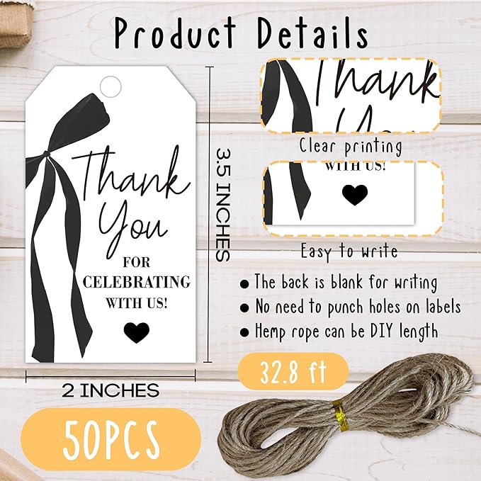 Thank You Gift Tags with String, 2x3.5 Inch Thank You - Image 2