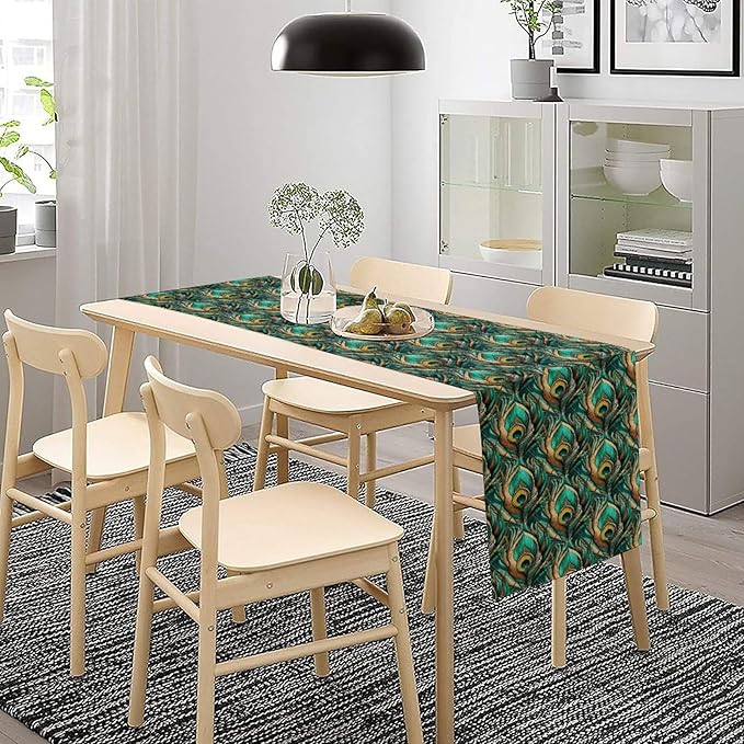 Peacock Feather Table Runner, Retro Aesthetic Green Table Runner - Image 3