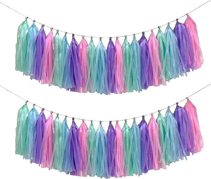 Blue Purple Mint Green Pink Tissue Paper Tassel Garland, Tissue Tassel Banner - Image 9