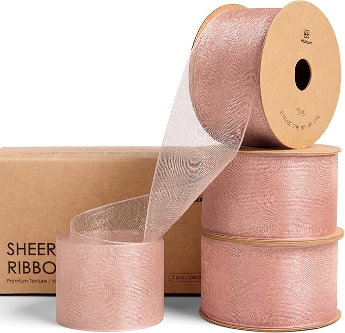Vitalizart Pink Organza Ribbon 1.5" x 30 Yd Rose Gold Sheer Ribbons by Vitalizart