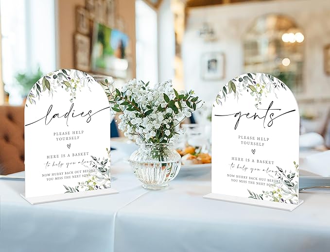 2 Pcs Greenery Wedding Bathroom Ladies & Gents Signs, 6 x 8 Inch White Arch - Image 5