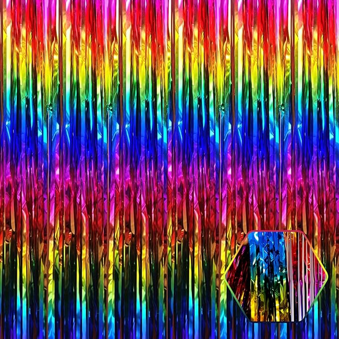 6 Pack Rainbow Foil Fringe Curtain Backdrop, 3.28Ft x 8.2Ft Metallic Tinsel by Ferwzsr
