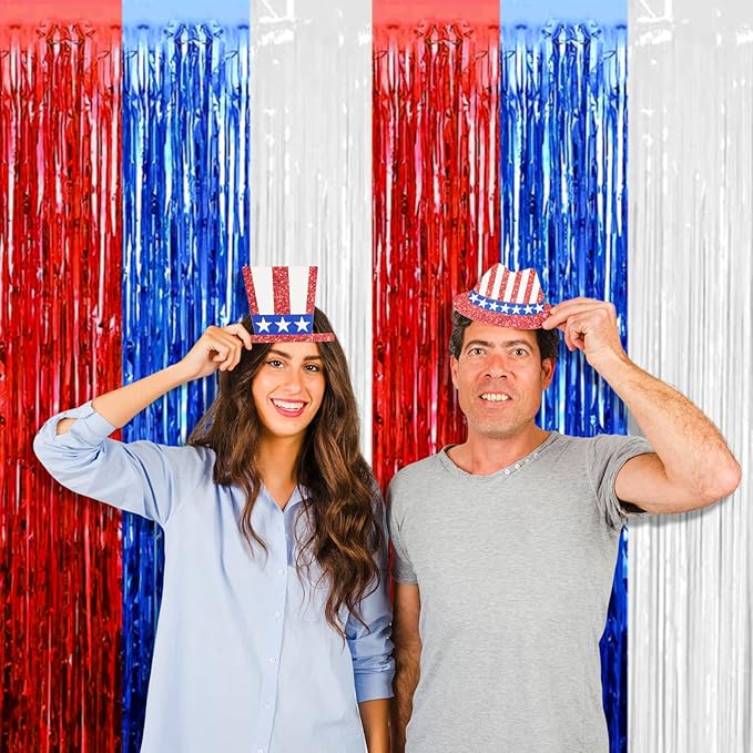 4 Pack Red Blue White Foil Fringe Curtain Backdrop, 3.28Ft x 8.2Ft Metallic - Image 6