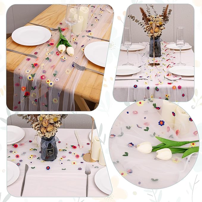 Lvory Floral Table Runner 10 FT, Embroidery Daisy Table Runners Seasonal Sheer - Image 3